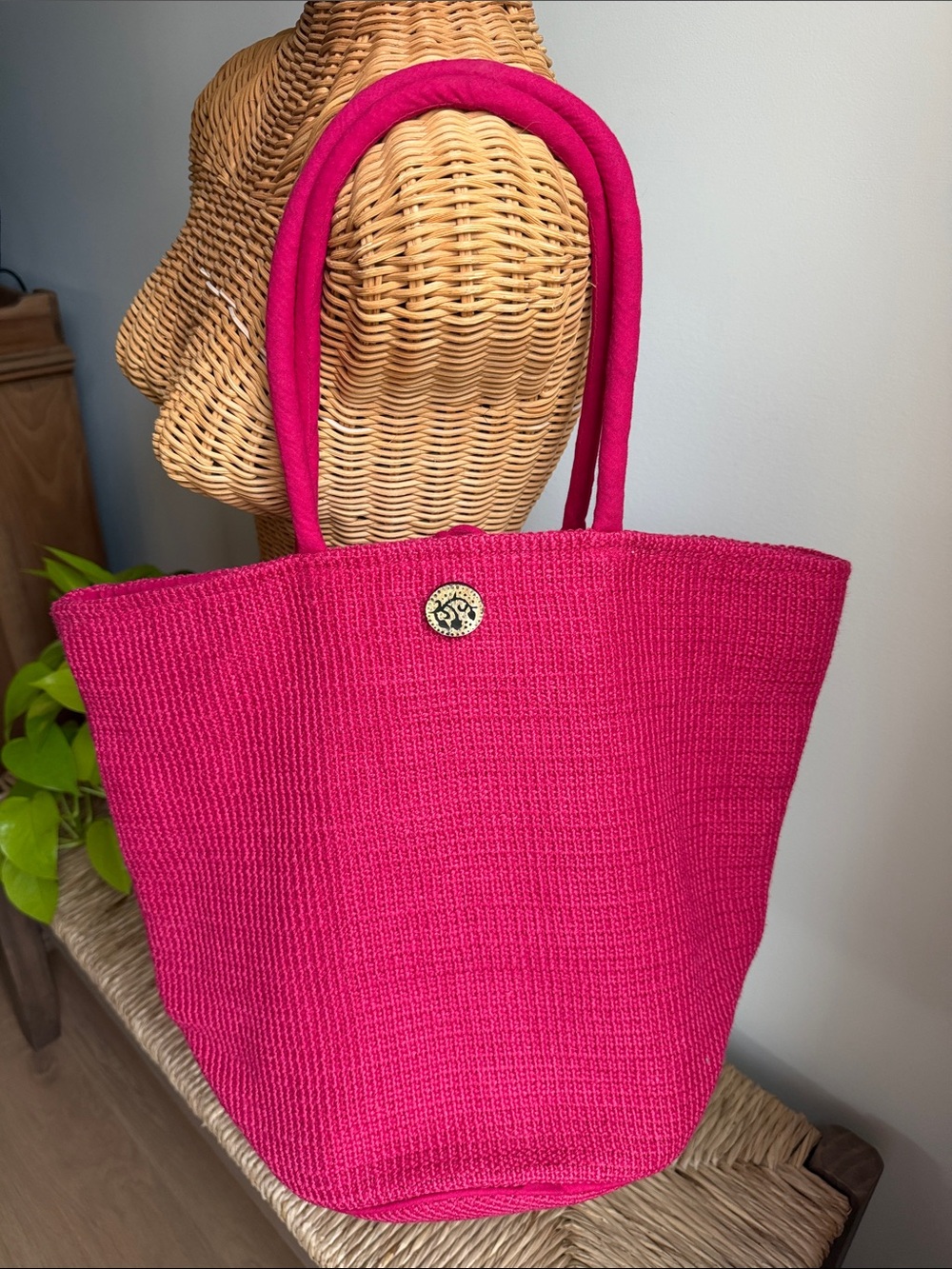 World Market Jute Lined Hot Pink Woven Large Tote
